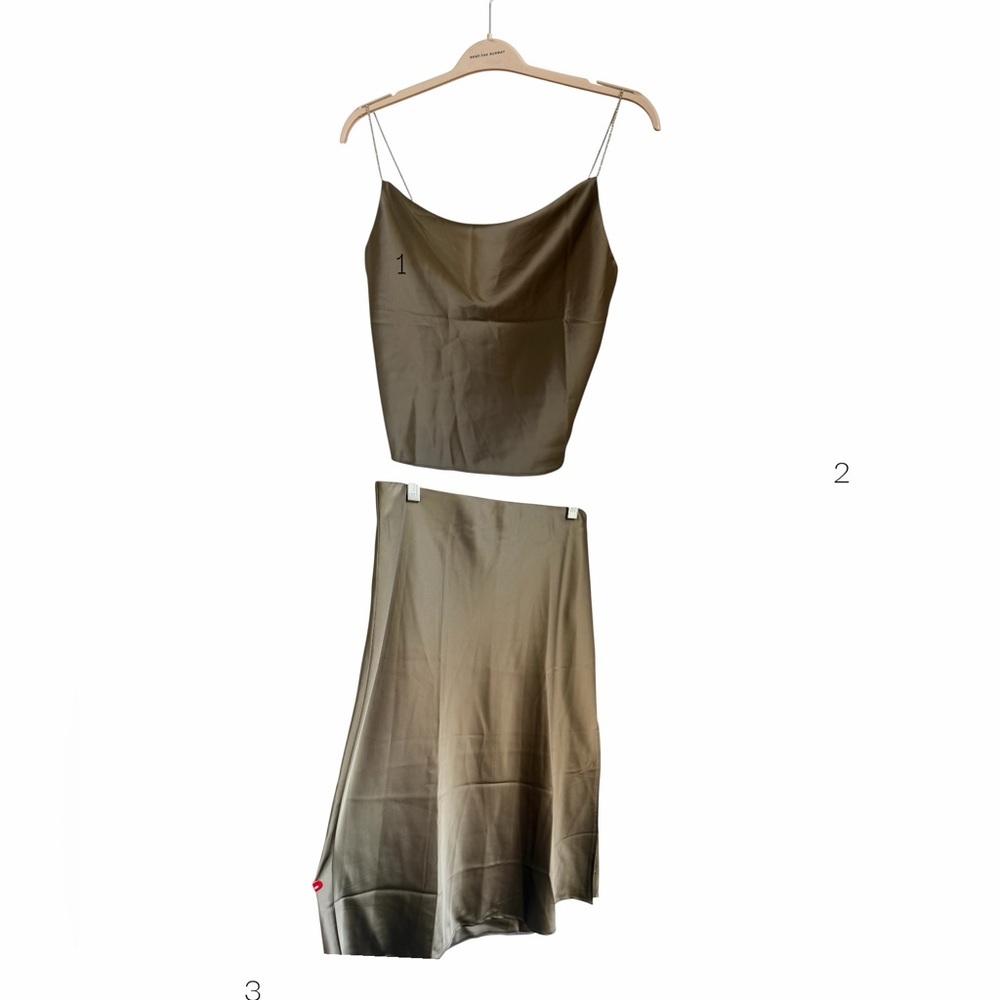 House of Harlow Olive Satin Slip Skirt & Cowl Neck Cami Rhinestone Strap Set